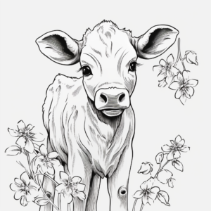 Baby Cow in Spring: Blossom Scenery Coloring Pages 2