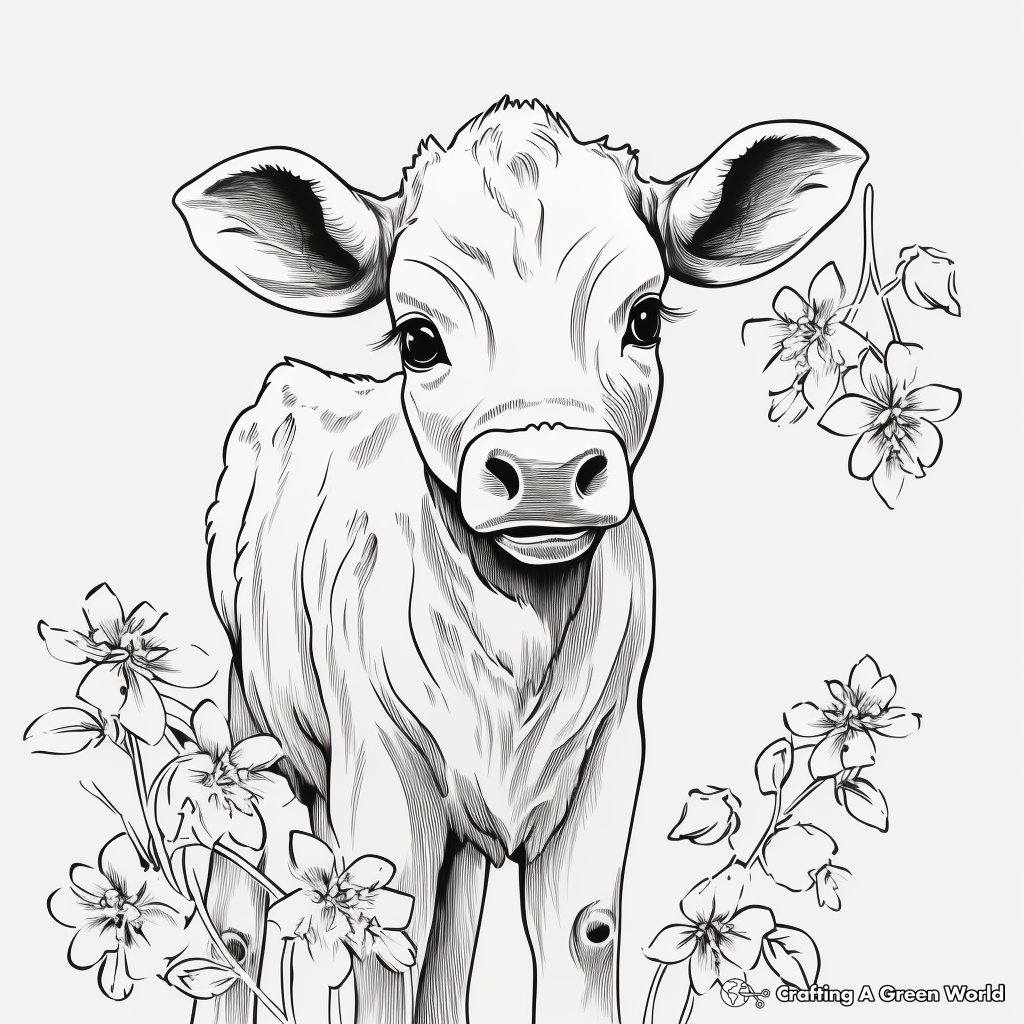Baby Cow in Spring: Blossom Scenery Coloring Pages 2