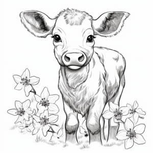 Baby Cow in Spring: Blossom Scenery Coloring Pages 3