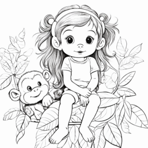 Baby Girl Monkey with Jungle Friends Coloring Pages 1