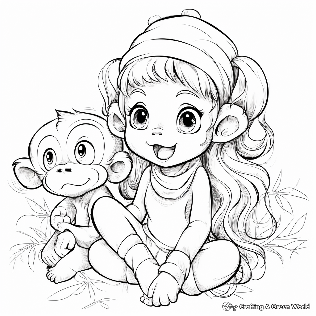 Baby Girl Monkey with Jungle Friends Coloring Pages 2