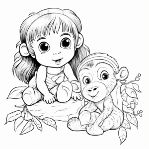 Baby Girl Monkey with Jungle Friends Coloring Pages 3