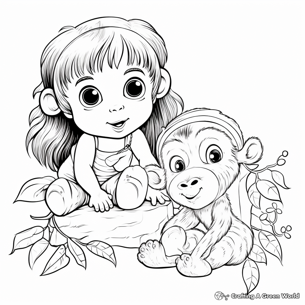 Baby Girl Monkey with Jungle Friends Coloring Pages 3