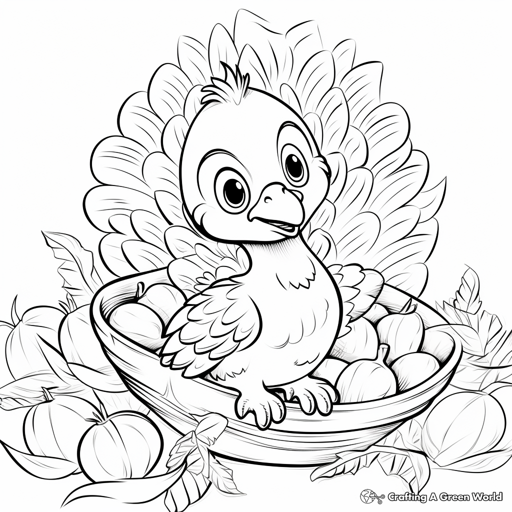 Baby Turkey With Thanksgiving Cornucopia Coloring Page 3