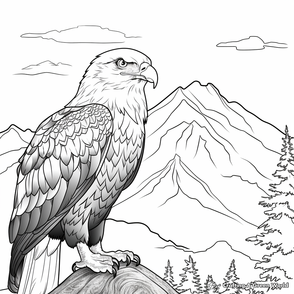 Bald Eagle and Mountains Scenery Coloring Page 2