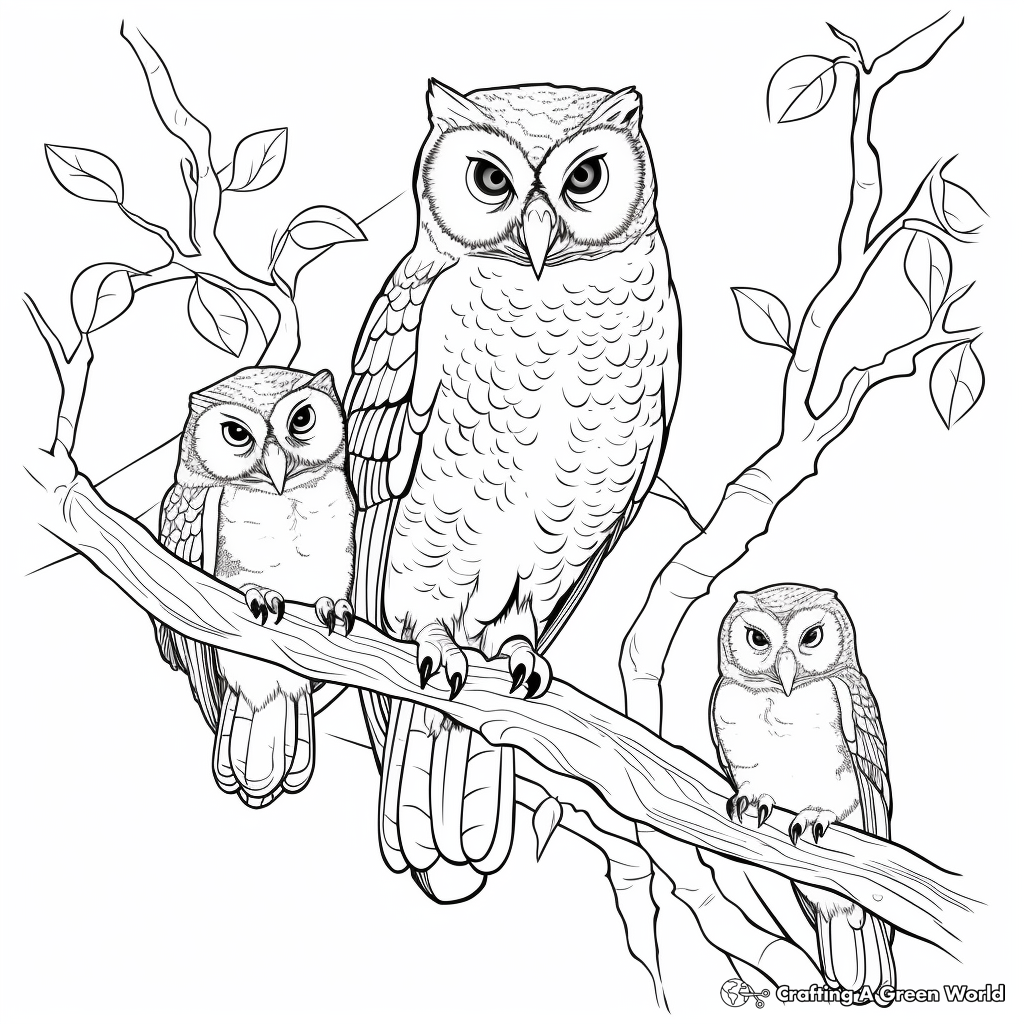 Barred Owl Family in the forest: Nature-scene Coloring Pages 1