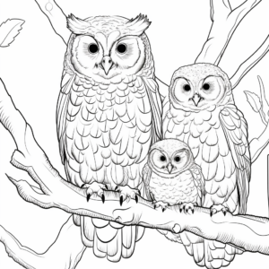 Barred Owl Family in the forest: Nature-scene Coloring Pages 3