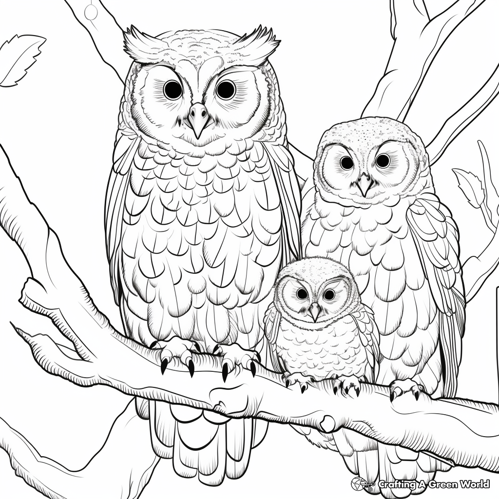 Barred Owl Family in the forest: Nature-scene Coloring Pages 4