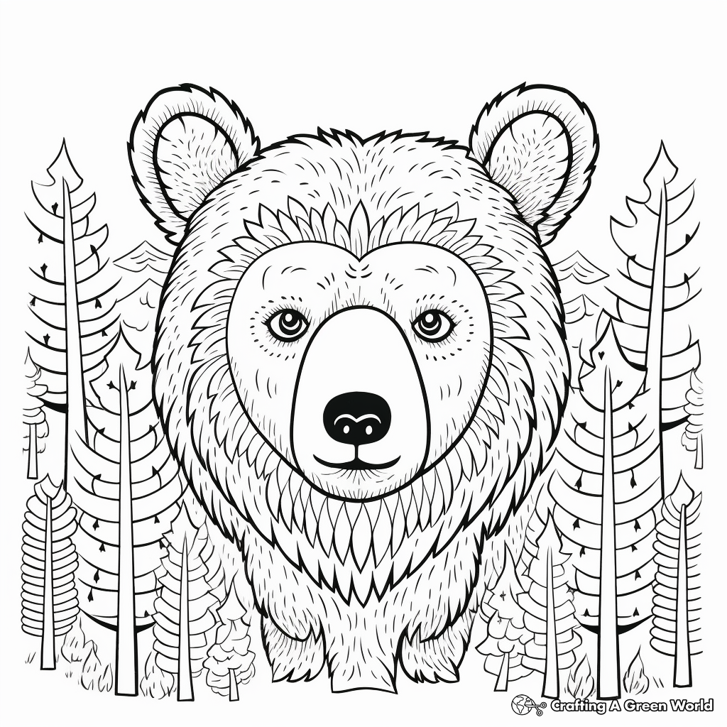 Bear Face in the Wild: Forest-Scene Coloring Pages 3