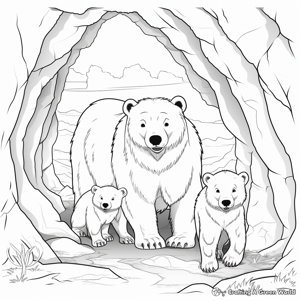 Bear Family in a Cave: Wildlife Scene Coloring Pages 1