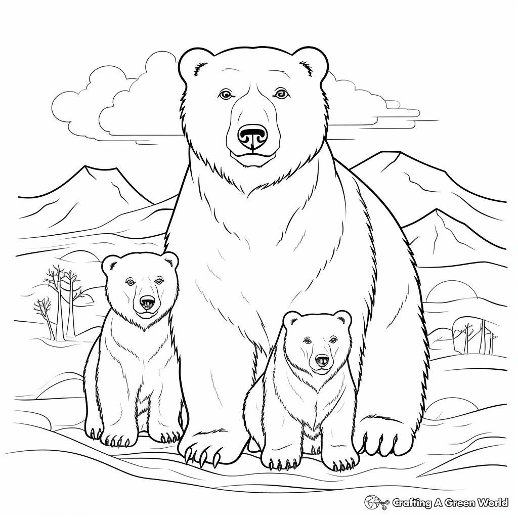 Bear Family Under the Northern Lights: Polar Bear Coloring Pages 1