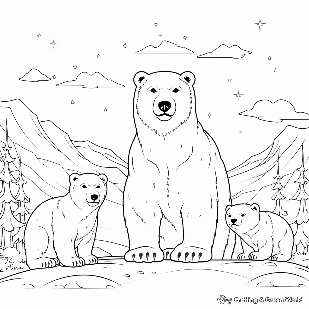Bear Family Under the Northern Lights: Polar Bear Coloring Pages 2