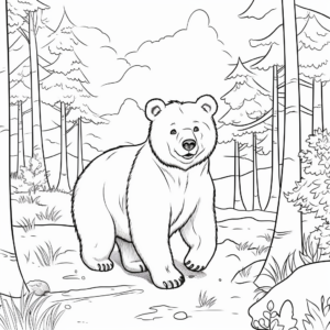 Bear in the Woods: Forest-Scene Coloring Pages 1