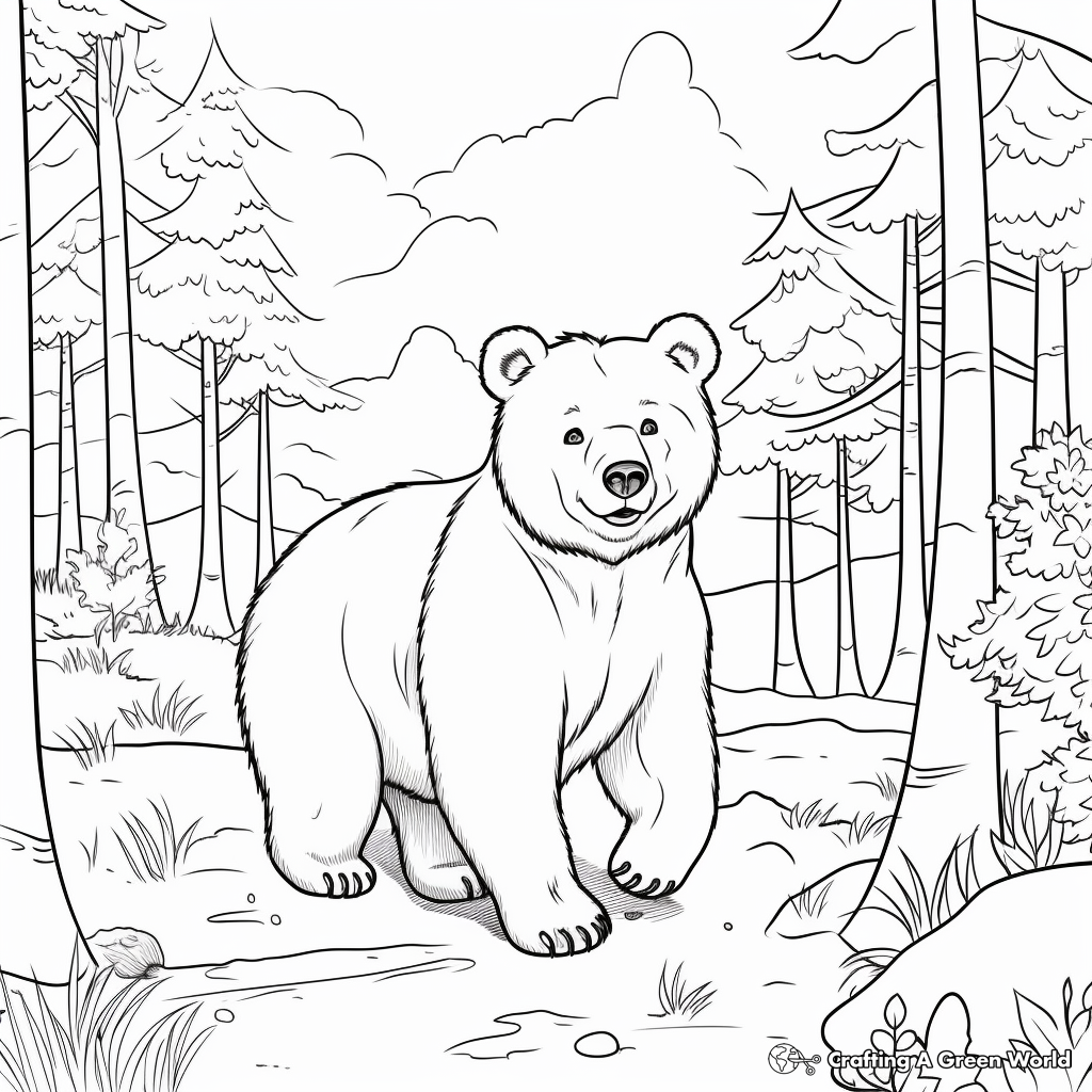 Bear in the Woods: Forest-Scene Coloring Pages 1