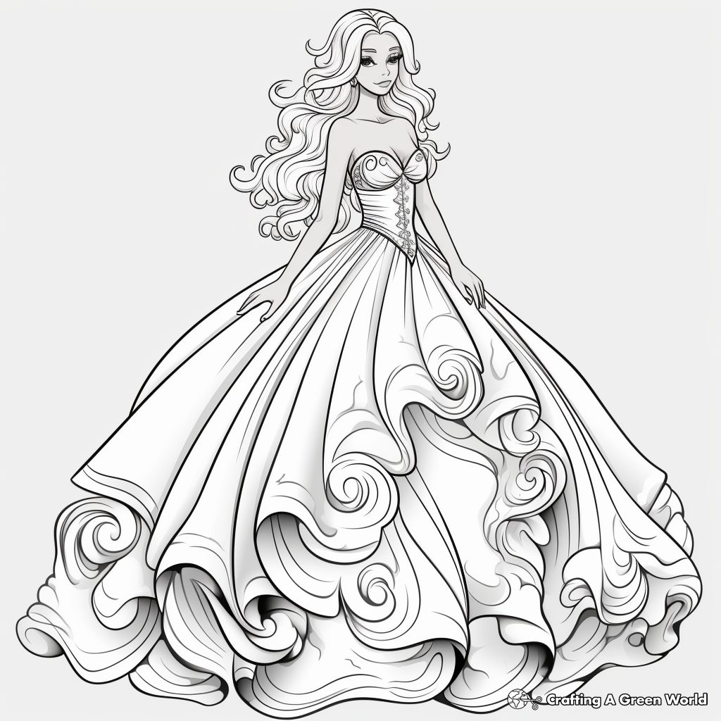 Beautiful Barbie Ball Gown Dress Coloring Pages 3