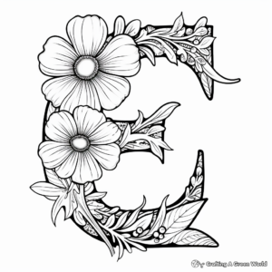 Beautiful Floral Letter E Coloring Pages for Adults 3