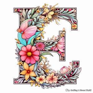 Beautiful Floral Letter E Coloring Pages for Adults 4