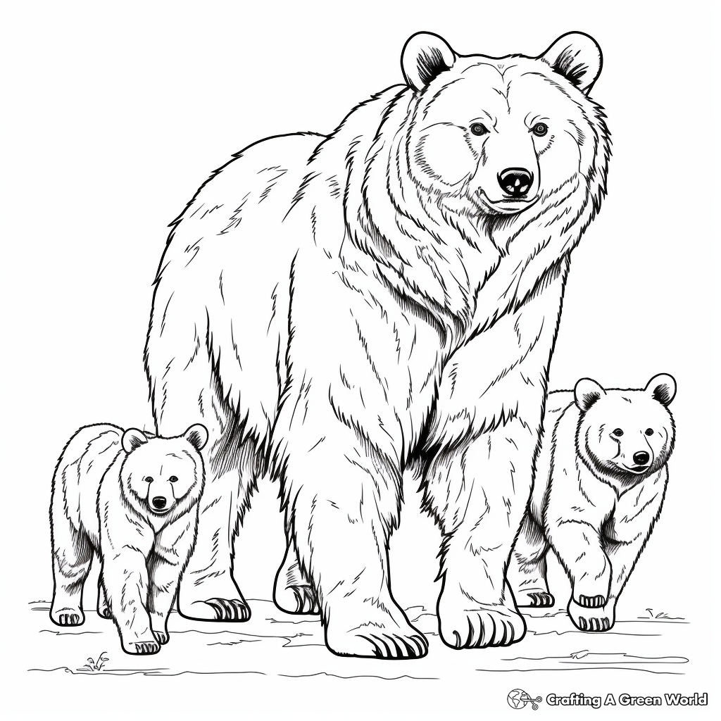 Beautiful Mama Grizzly Bear with Cubs Coloring Pages 1