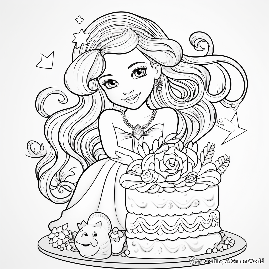 Beautiful Mermaid Princess Cake Coloring Pages 1