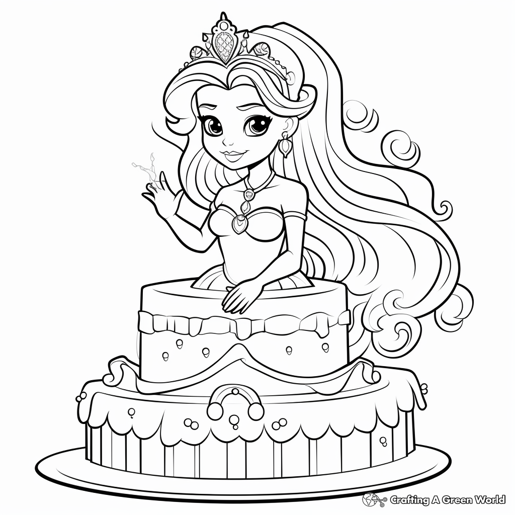 Beautiful Mermaid Princess Cake Coloring Pages 4