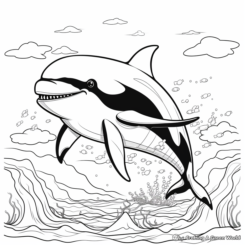 Beautiful Orca Whale and Bubbling Oceans: Scene Coloring Pages 1