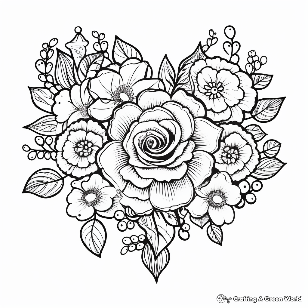Beautiful Rose and Heart Coloring Pages 3