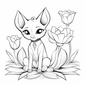 Beautiful Siamese Cats and Lotus Flower Coloring Pages 1