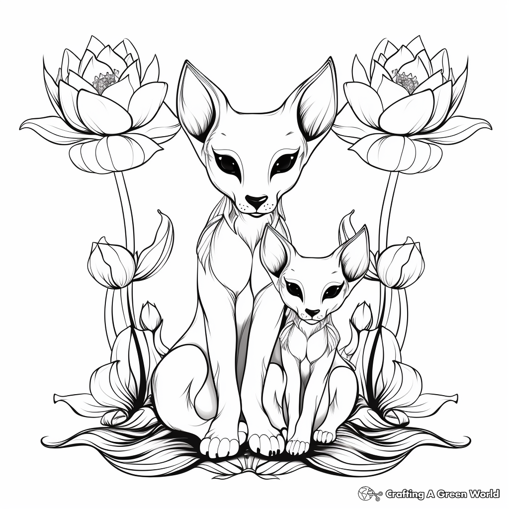 Beautiful Siamese Cats and Lotus Flower Coloring Pages 4
