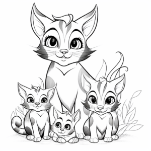 Bengal Cat Family: Male, Female, and Kittens Coloring Pages 1
