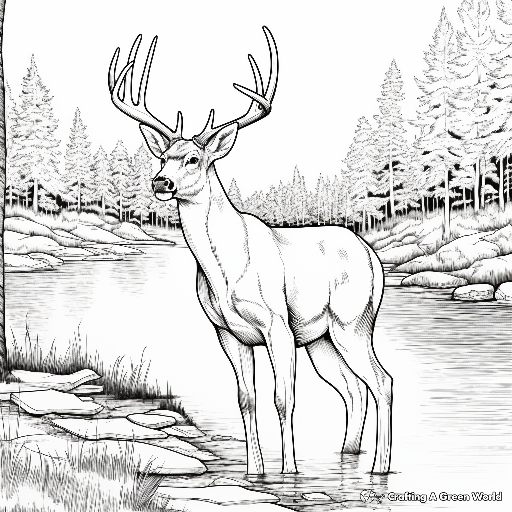 Big Buck Drinking by Lake Coloring Sheets 1