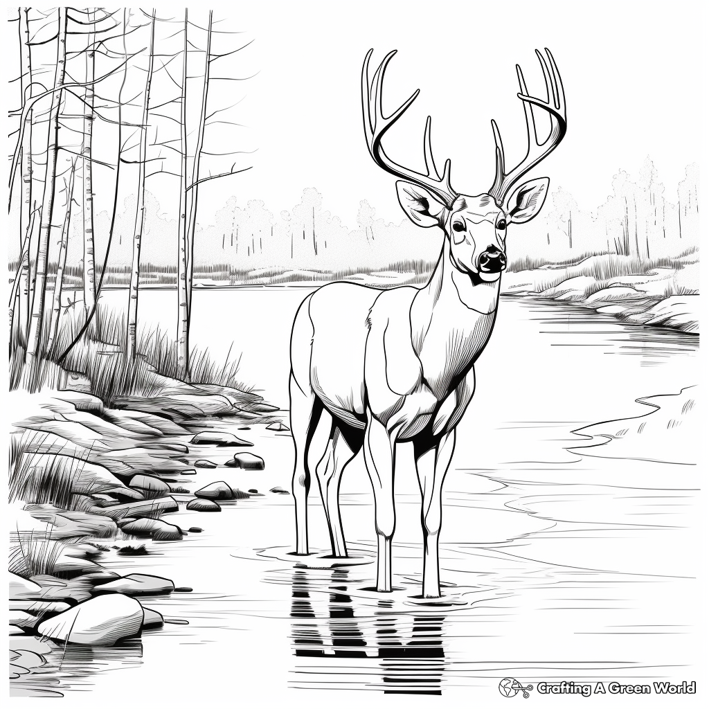 Big Buck Drinking by Lake Coloring Sheets 2