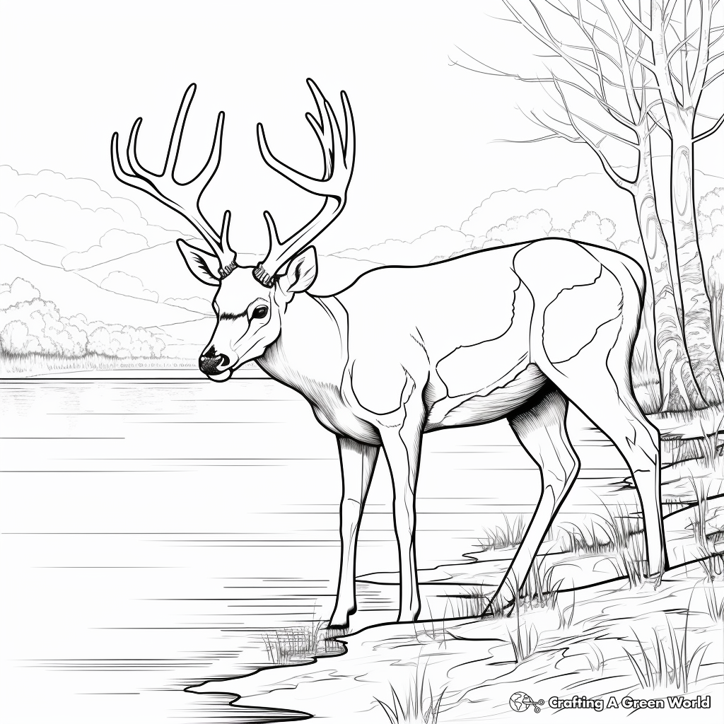Big Buck Drinking by Lake Coloring Sheets 4