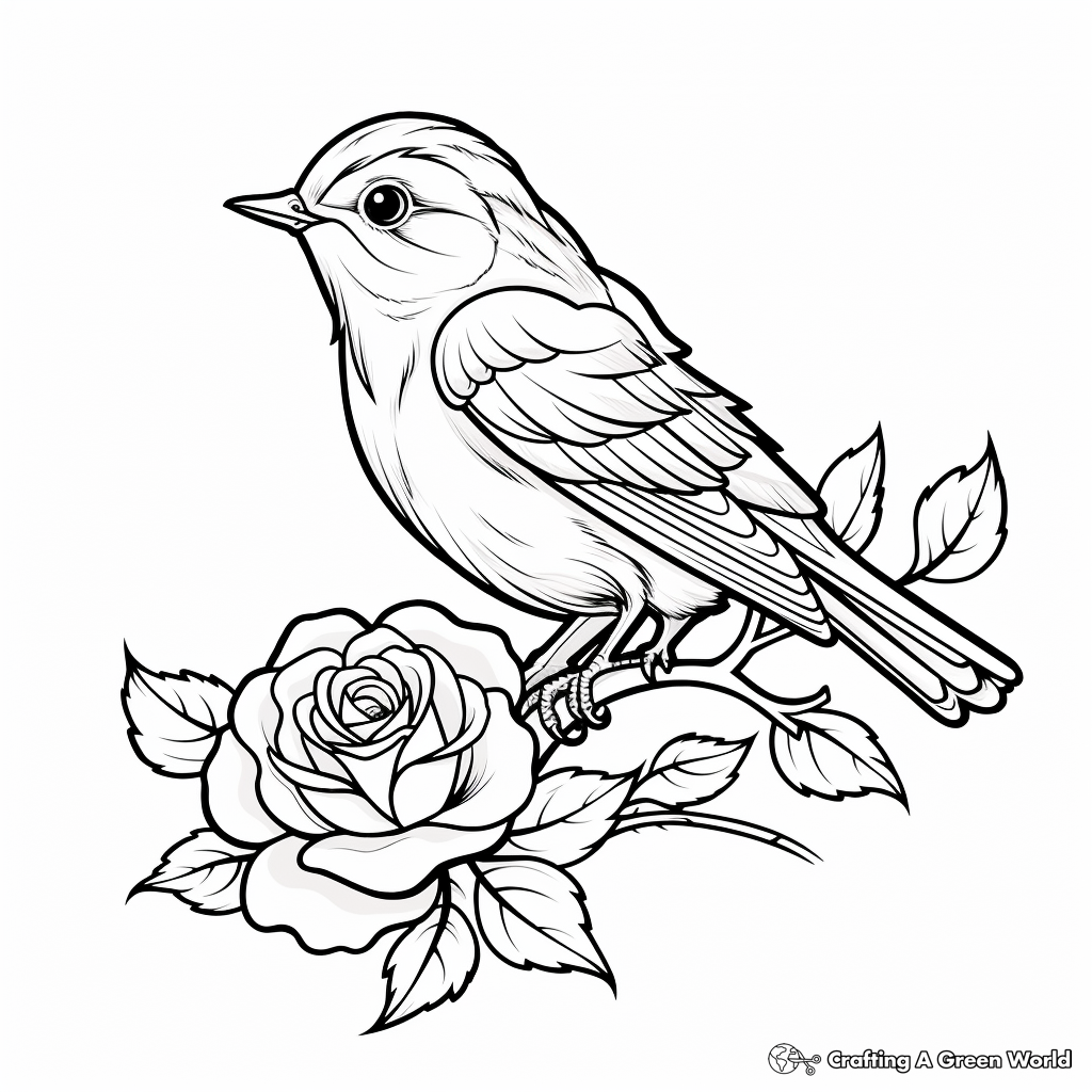 Bird and Rose Tattoo Coloring Pages for Nature Lovers 3