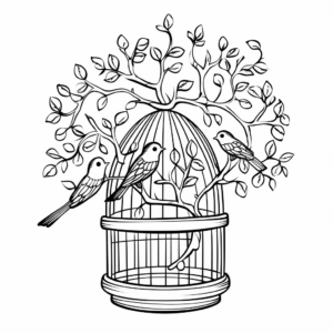 Bird Cage in a Tree Branch Coloring Sheets 1