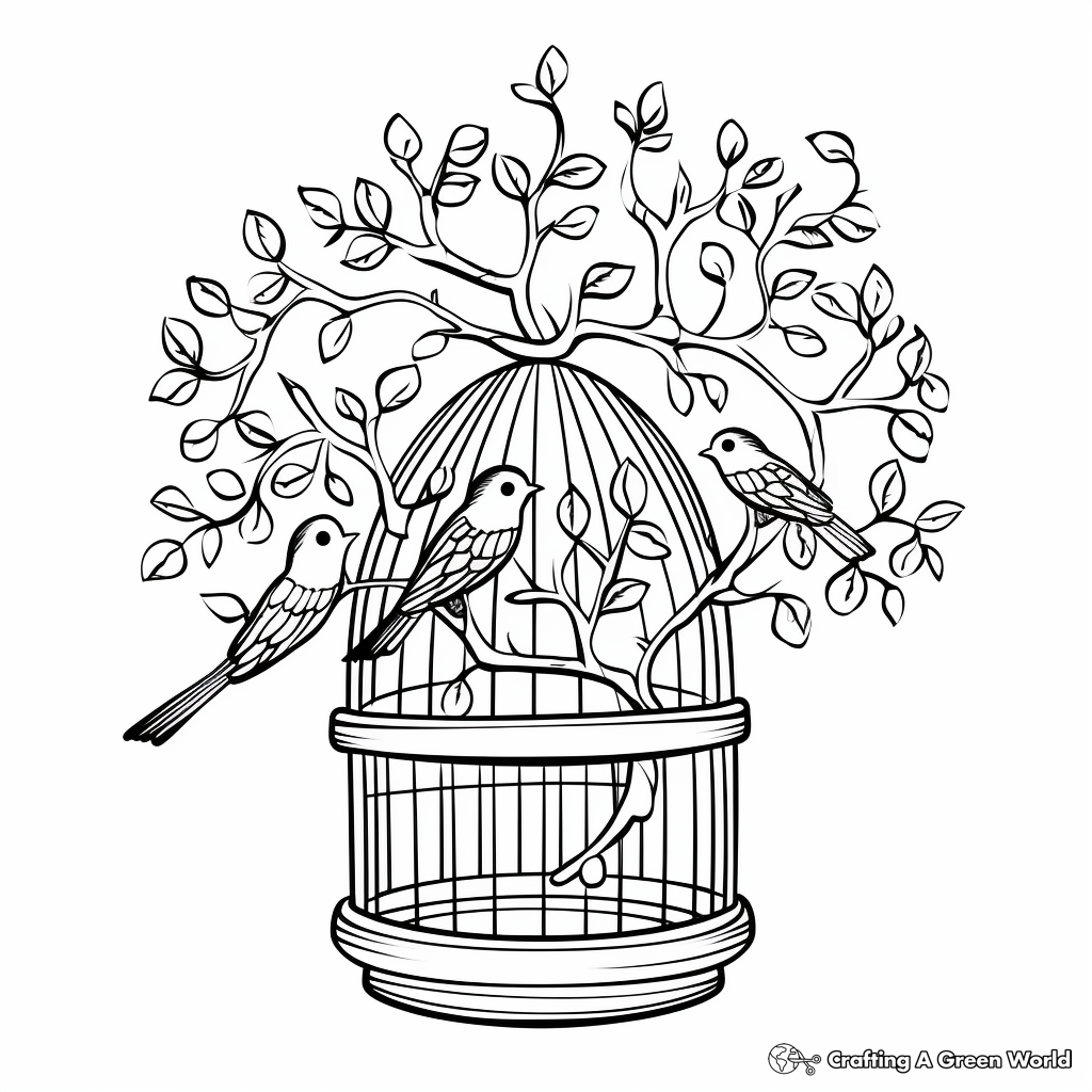 Bird Cage in a Tree Branch Coloring Sheets 1