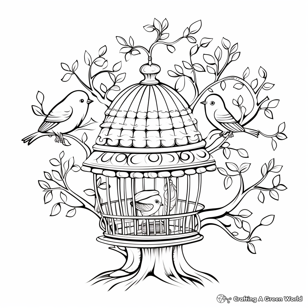 Bird Cage in a Tree Branch Coloring Sheets 4