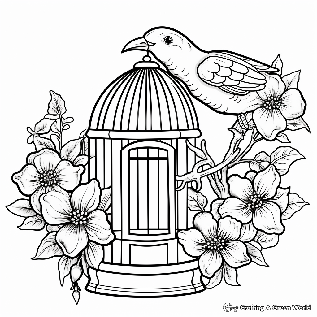 Bird Cage with Flowers and Vines Coloring Pages 1