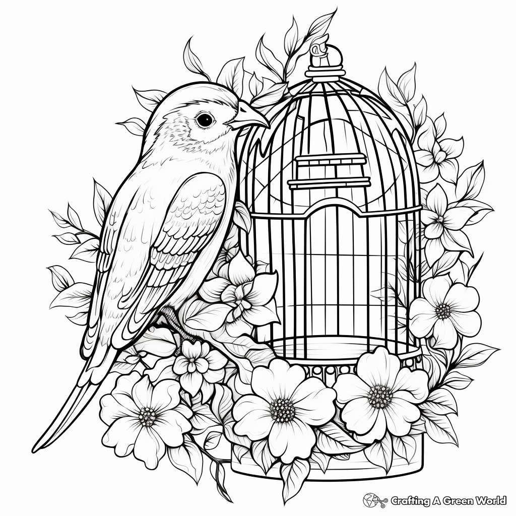 Bird Cage with Flowers and Vines Coloring Pages 3