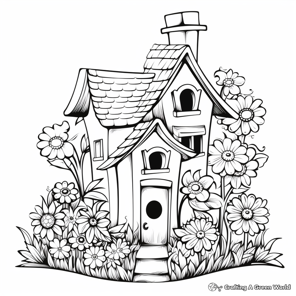 Bird House in Springtime: Bloom-Scene Coloring Pages 1