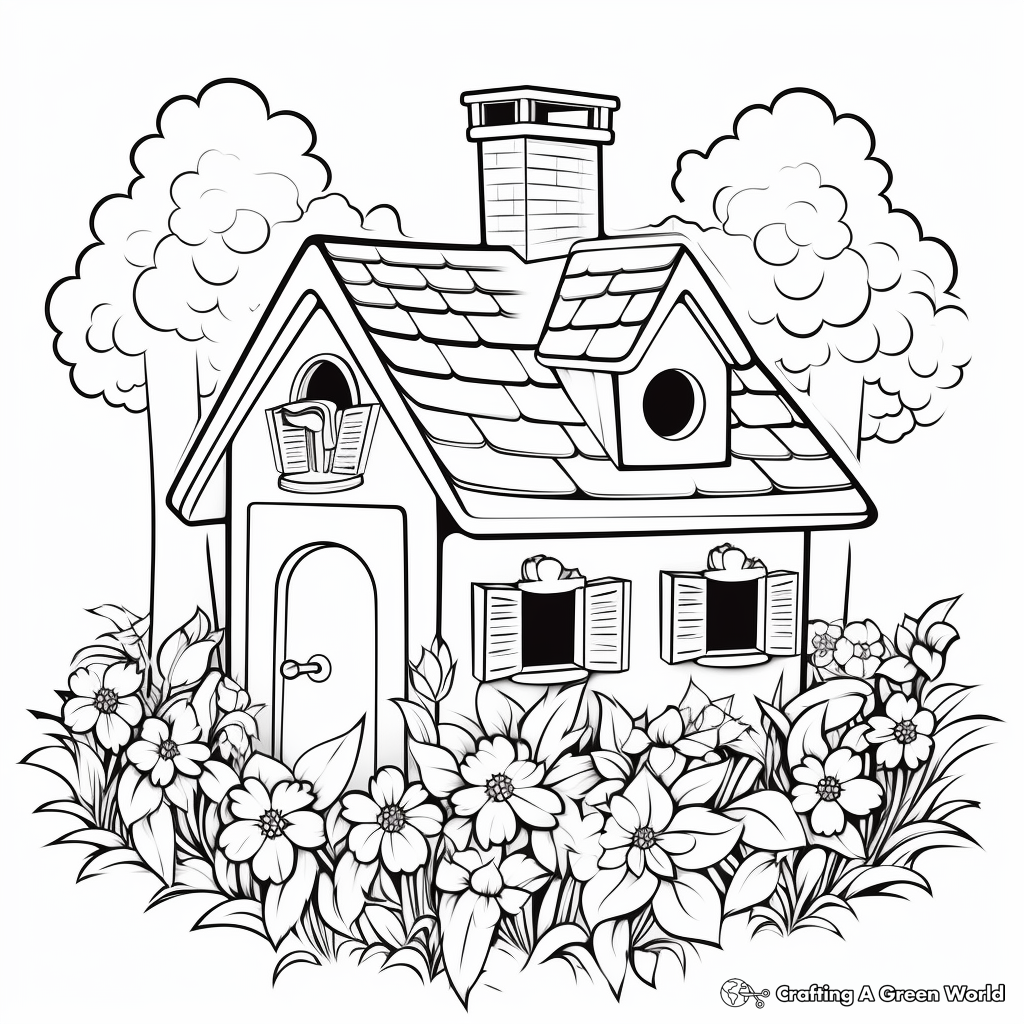Bird House in Springtime: Bloom-Scene Coloring Pages 2