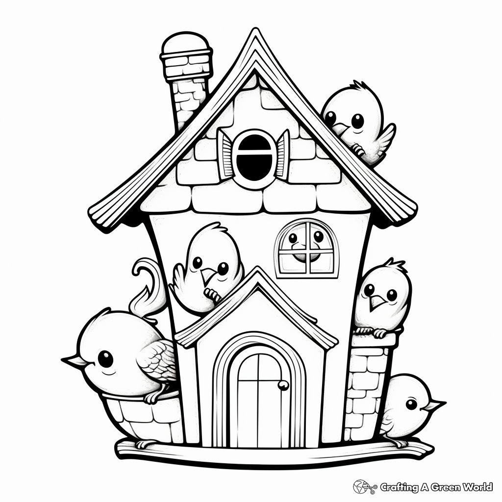 Bird House with Bird Family Coloring Pages: Parent Birds and Chicks 1