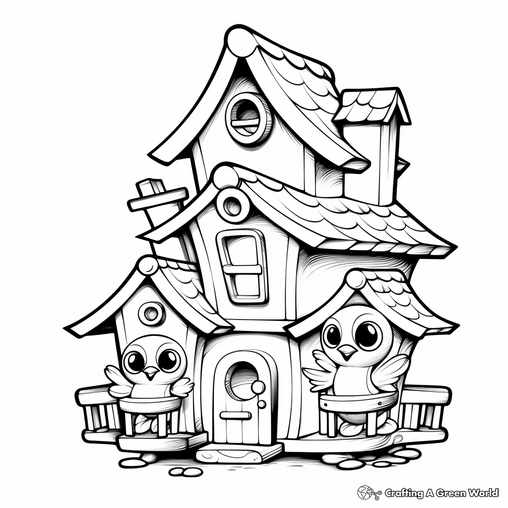Bird House with Bird Family Coloring Pages: Parent Birds and Chicks 2