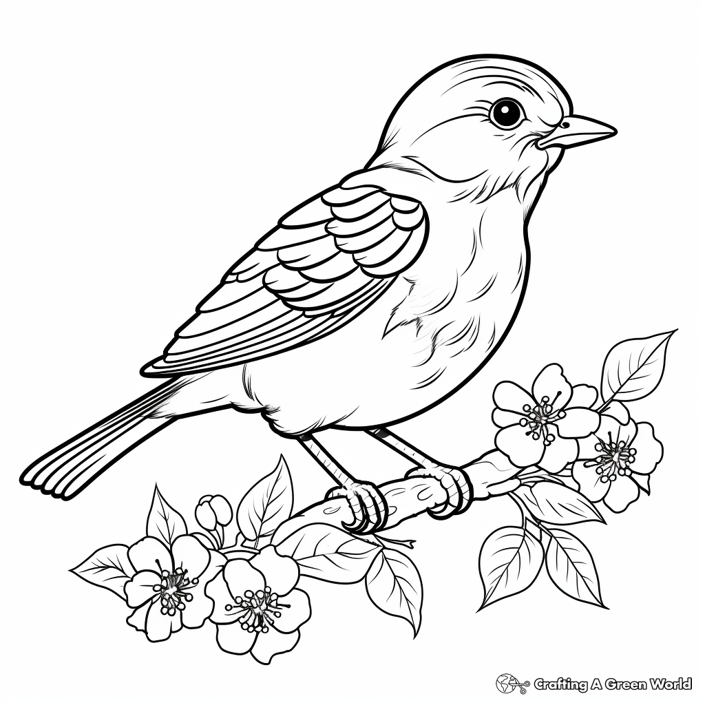 Bird with Blossoms Coloring Pages For Kids 2