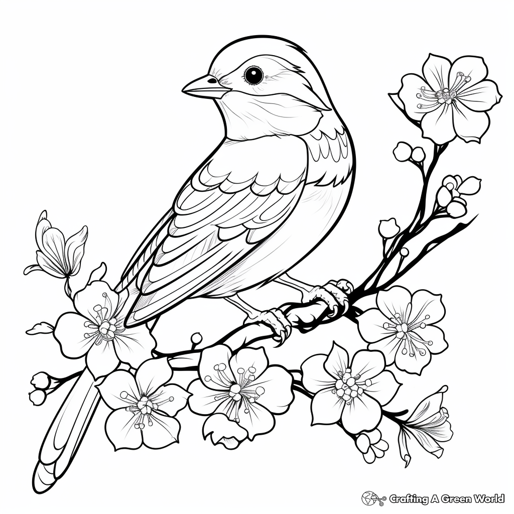 Bird with Blossoms Coloring Pages For Kids 3