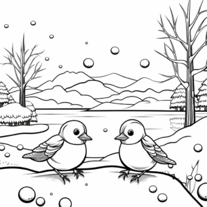Birds in the Snow: Winter Scene Coloring Pages 1