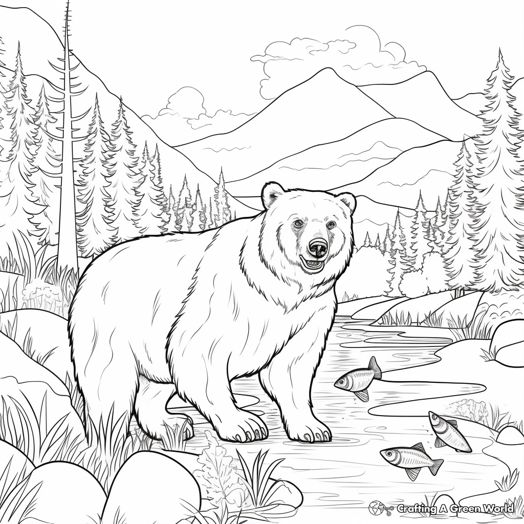 Black Bear and Rainbow Trout Scene Coloring Pages 2