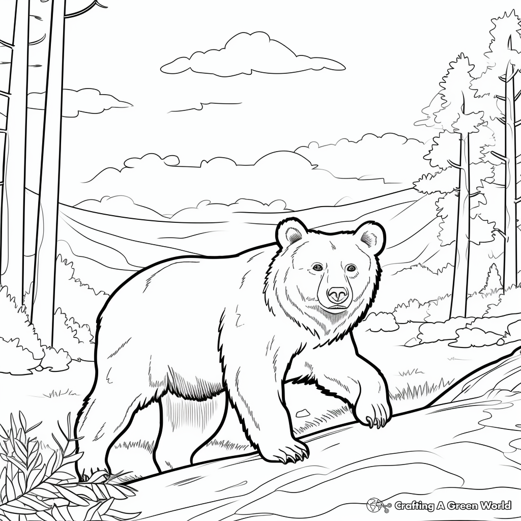 Black Bear in Wild Forest Scenery Coloring Pages 1