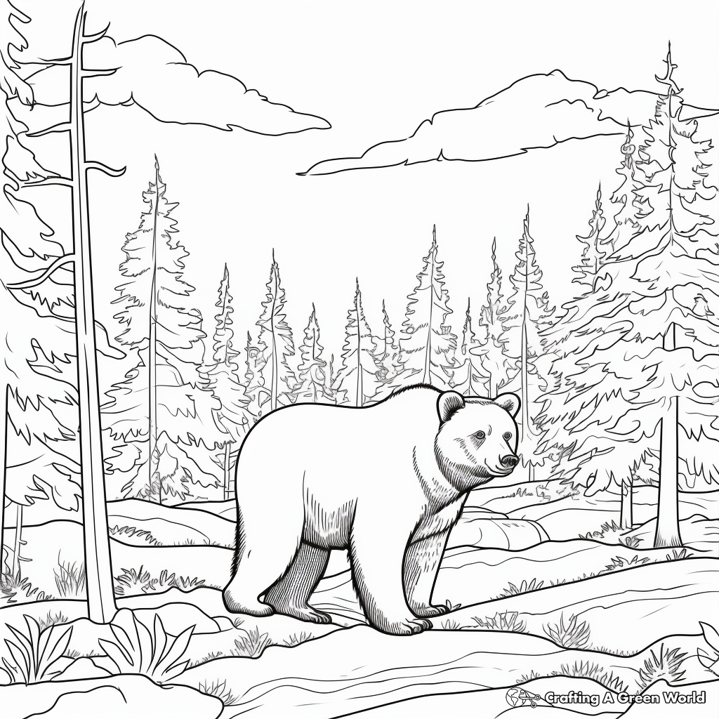 Black Bear in Wild Forest Scenery Coloring Pages 2