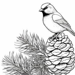 Black Capped Chickadee and Pine Cones Coloring Pages 1