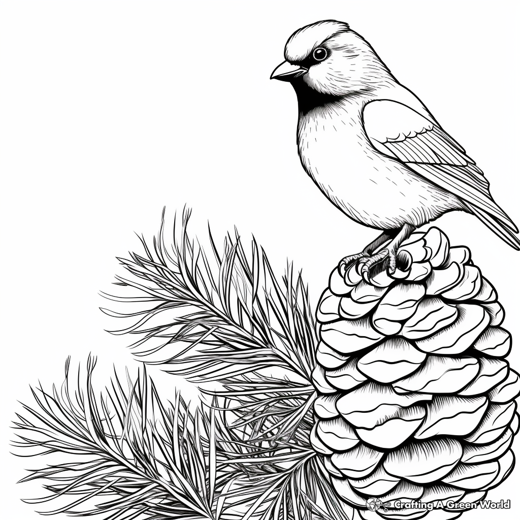 Black Capped Chickadee and Pine Cones Coloring Pages 1